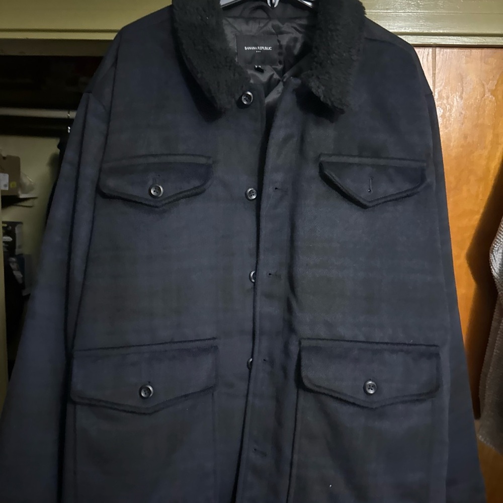 Banana Republic Blue Plaid Military Jacket w Sherpa Collar
